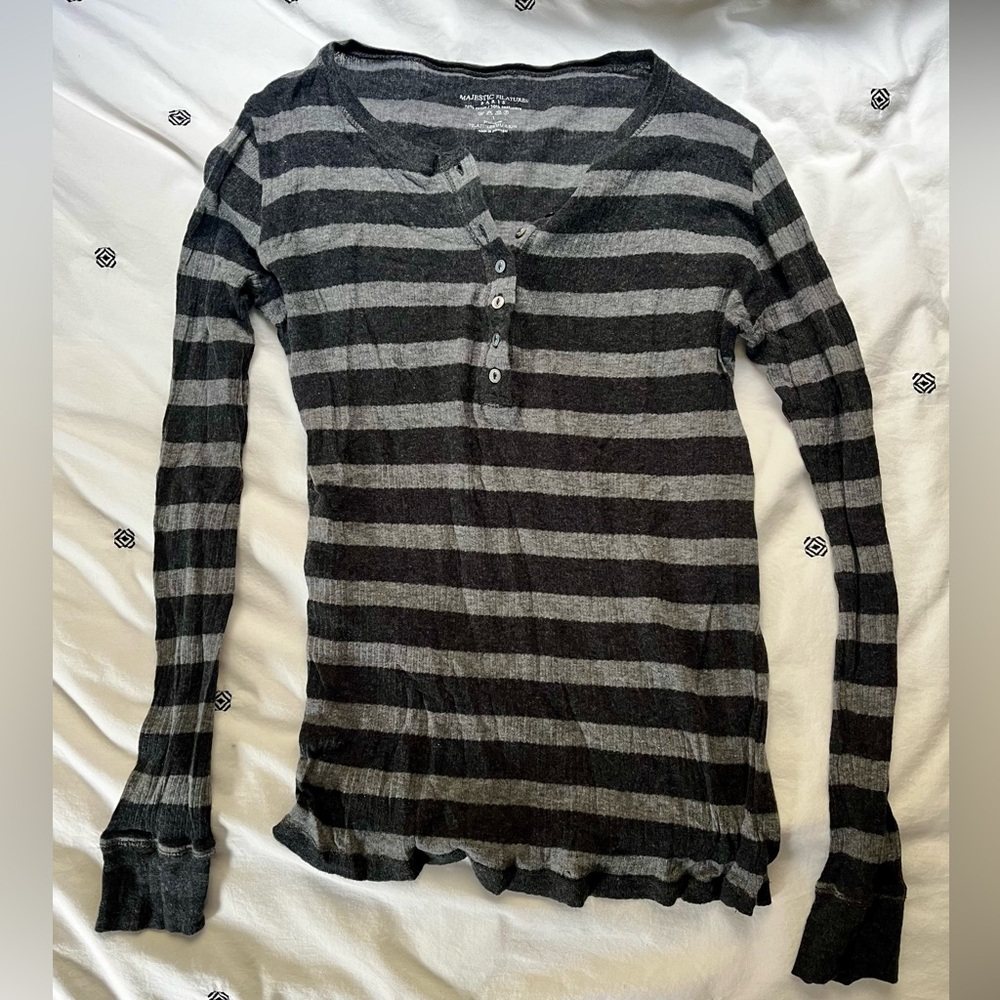 Majestic Filatures Black and Gray Striped Long Sleeve